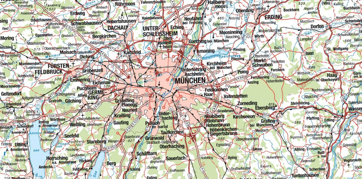 Mapa de munique e cidades vizinhas