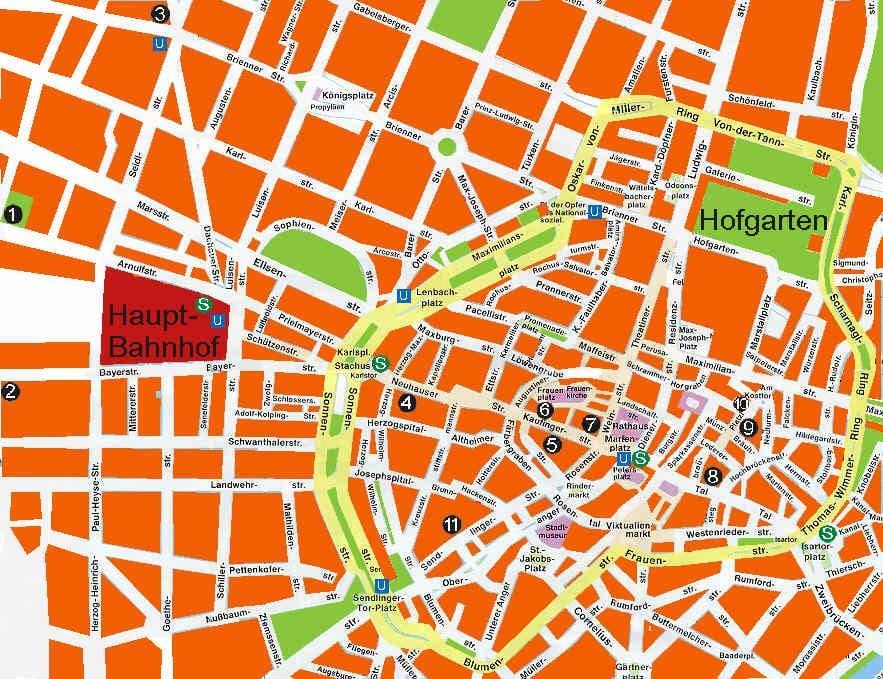 Mapa de munique, salões de cerveja